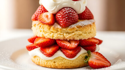 Strawberry shortcake dessert with fresh fruit and soft cake texture for bakery and celebration themes