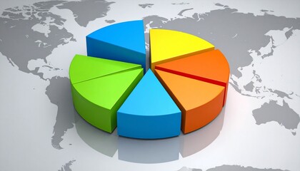 A 3D pie chart with seven colored segments—blue, purple, red, orange, yellow, green, light blue—set against a cloudy sky and world map backdrop, symbolizing global data distribution.