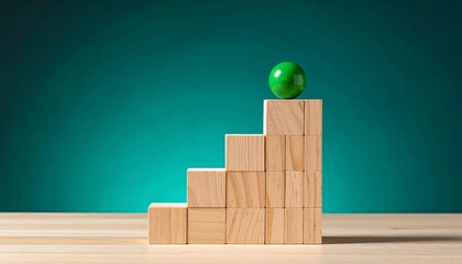 A green apple sits atop a five-step staircase made of wooden blocks, ascending left to right. Set against a teal gradient background, the scene symbolizes growth, achievement, and upward progress.