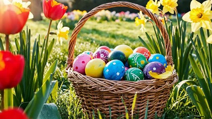 A charming wicker basket brimming with vibrant, colorfully decorated eggs sits nestled among blooming red tulips and cheerful yellow daffodils in a sun-dappled green field. The gentle morning light il