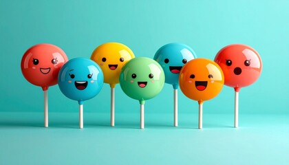 Five colorful lollipops shaped like speech bubbles display varied facial expressions, arranged in a row against a teal background, creatively representing playful emotions and communication.