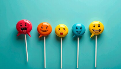 Five colorful lollipops shaped like speech bubbles display varied facial expressions, arranged in a row against a teal background, creatively representing playful emotions and communication.