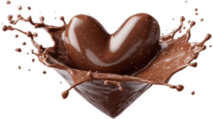 Heart shaped chocolate candy melting with splash effect on transparent backdrop