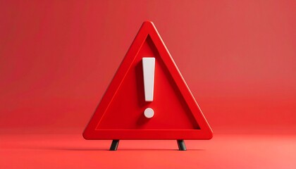 A 3D red triangular warning sign with a white exclamation mark stands upright on a red surface, symbolizing caution or alert. Monochromatic red tones create a striking, high-contrast visual.