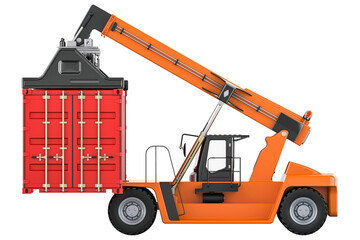 Reach stacker with cargo container, transparent background