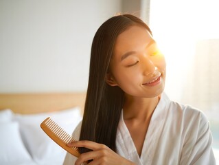 Smiling Woman Brushing Hair in Bedroom Sunlight