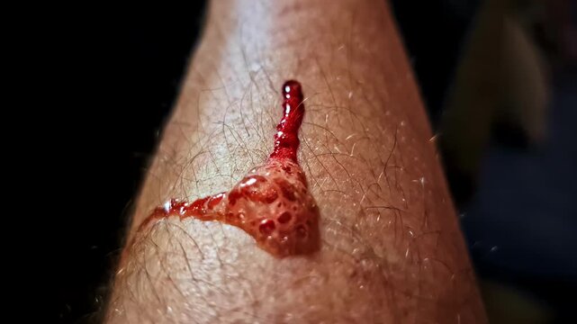 A close-up shot of a forearm shows a foamy red reaction forming on the skin as hydrogen peroxide touches fresh blood.