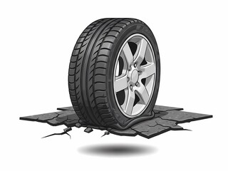 パンクしたタイヤのイラストレーション 白背景