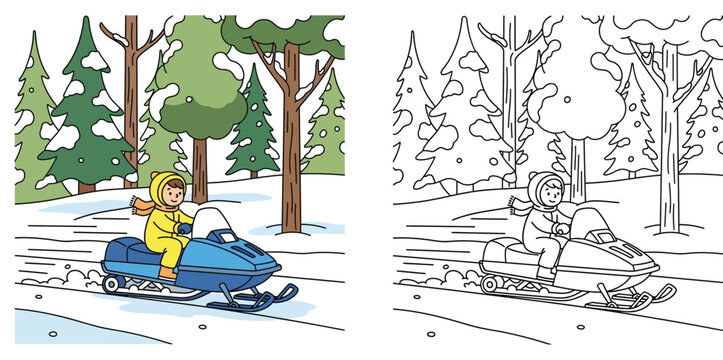 Coloring book page vector illustration of a happy kid riding a blue snowmobile in a winter forest