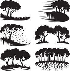 black silhouette trees on white background