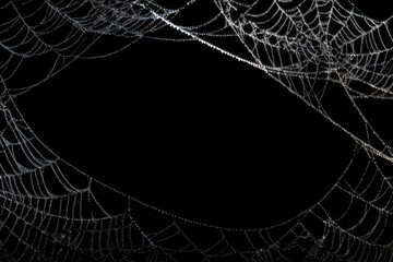 Intricate spider webs glisten with dew under soft light, creating a mesmerizing yet eerie display of nature's artistry in a darkened environment