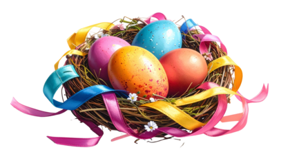 Easter eggs in a nest made of ribbons isolated on transparent background.