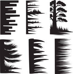 Black silhouettes of trees and grass on white background