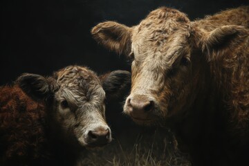 Fototapeta premium Momma cow and calf stand close together in a warm barn, showcasing their bond in a tranquil setting at dusk during the calming hours of late evening