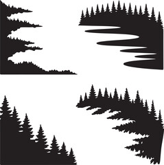 four black silhouette landscape borders with pine trees and water