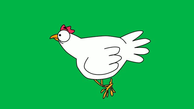 White cartoon chicken flapping wings happily in 2d animated cartoon animation on green screen chromakey background, great for farm animal or joyful poultry visuals.