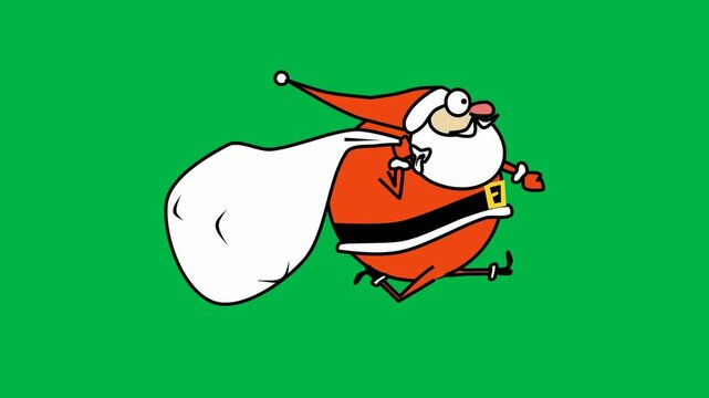 Funny fat white chicken dressed as Santa Claus running in 2d animated cartoon animation on green screen chromakey background, perfect for humorous holiday farm themes.