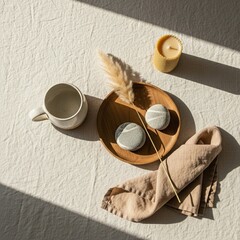 Clean minimal home styling flatlay with neutral tones and soft natural light for a calm modern lifestyle mood