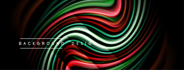 Fototapeta premium Abstract flowing lines create vibrant, colorful waves. Red, green, white hues blend against dark backdrop. Modern design element.