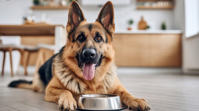 Happy German Shepherd Dog with a Bowl in a Kitchen