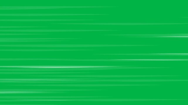 Horizontal green light streaks moving fast in 2d animated cartoon animation on green screen chromakey background, ideal for speed, motion, or transition effects.