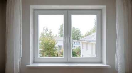 pvc. Modern white PVC window installed in a residential room, allowing natural daylight to fill the neutral interior space. real-estate listings.