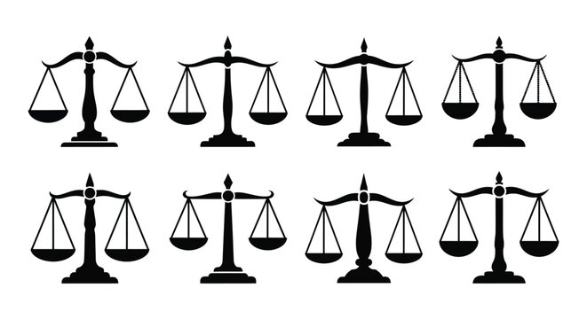 A collection of justice scales displayed in a repeating pattern a dark silhouette