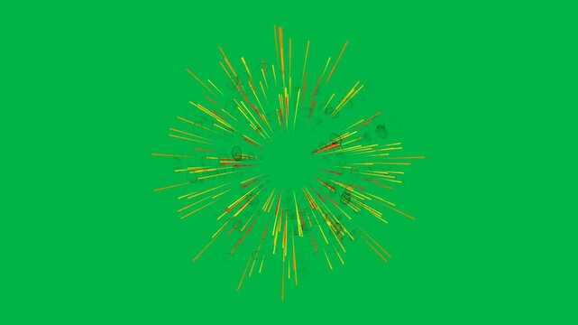 Colorful fireworks burst exploding brightly in 2d animated cartoon animation on green screen chromakey background, perfect for celebration or new year festive overlays.