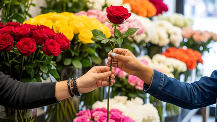 Two people exchanging a single red rose in a flower shop with multiple bouquets