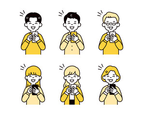 嬉しそうな表情でスマートフォンを見る、様々な年代の男性と女性のベクターイラスト素材セット