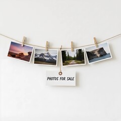 Four landscape photos hang from a twine wire with wooden clips against a white wall. A central paper tag hangs below them, clearly labeled "PHOTOS FOR SALE" in bold black text.