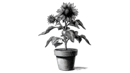 Sunflower plant in flower pot vintage engraving botanical illustration monochrome floral artwork isolated on white background