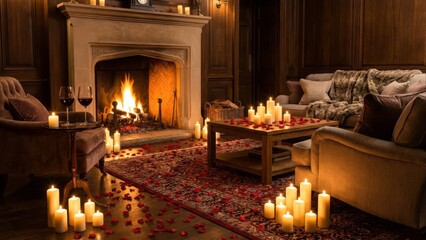 Luxurious living room decorated for romance, featuring a glowing fireplace, abundant candles, and scattered rose petals, creating a warm, intimate, and cozy ambiance
