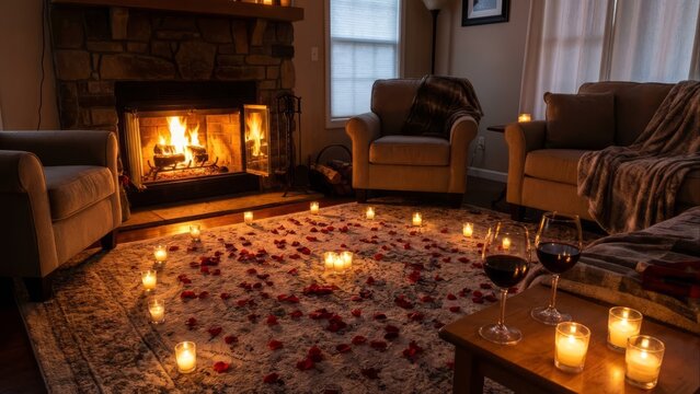 Cozy and romantic winter evening in a luxurious living room, featuring a glowing stone fireplace, flickering candlelight, scattered red rose petals, and red wine for a perfect intimate date night