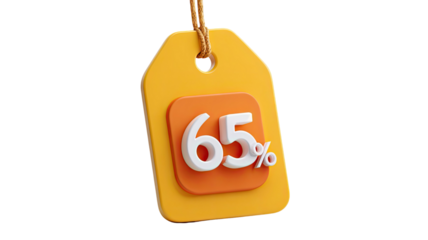 Yellow price tag with sixty five percent discount promotion sale retail marketing label hanging isolated on white background