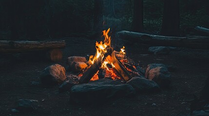Cozy campfire burning brightly in dark forest at night