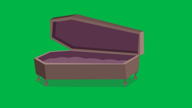 Open purple coffin with lid raised on green screen chromakey background. Perfect for 2d animated cartoon animation in vampire, horror, or Halloween resurrection scenes and effects.
