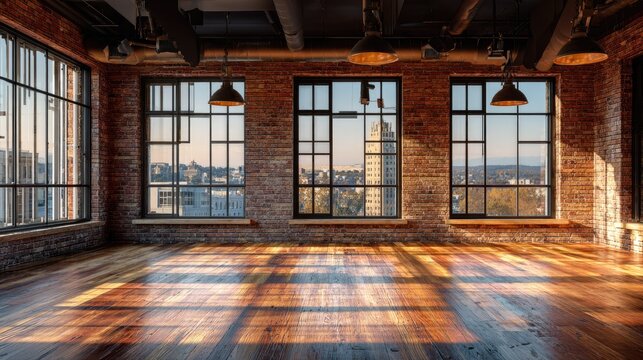 Empty loft apartment with large windows and city view.