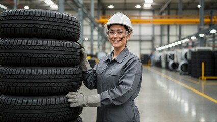 Smiling female factory worker in hard hat posing with stack of new tires. Portrait of industrial employee in automotive manufacturing plant