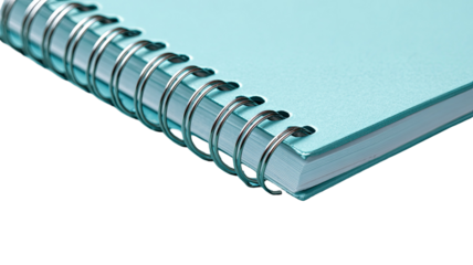Turquoise spiral notebook close up metal binding stationery office school supply minimal object isolated on white background
