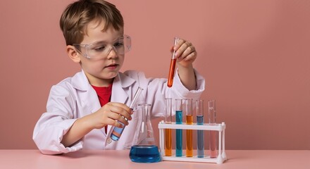 Young boy dressed as scientist in lab coat and goggles conducts chemistry experiment. Curious child mixes colorful liquids in test tubes. Early STEM education and learning concept