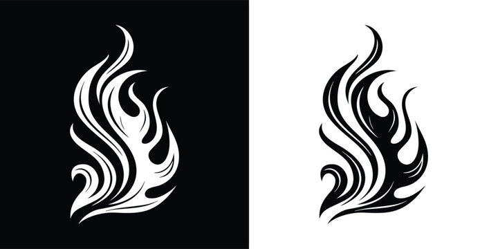 A stylized flame design, isolated on white background, in a black and white hand drawn illustration of fire and heat