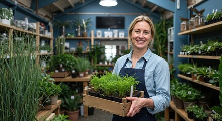 Portrait of smiling female florist holding crate of plants in her shop. Happy small business owner working in garden center nursery