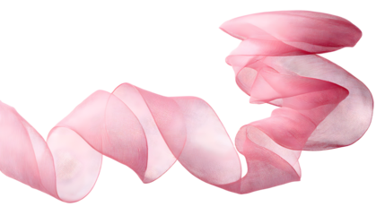 Soft pastel pink organza ribbon spiraling down isolated on white background for decoration, gift wrapping, or crafting, sheer fabric texture