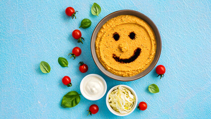 Delicious hummus with smiley face and fresh vegetables on blue background