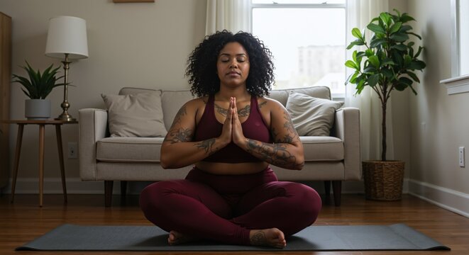 Tattooed woman with curly hair meditating in yoga pose at home. Mindful person practicing wellness and self-care in modern living room - Powered by Adobe