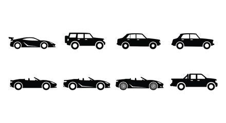 A collection of classic automobile designs presented in a stark black silhouette