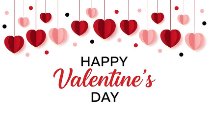 Happy valentines day hanging hearts on white background