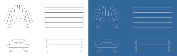 Orthographic Picnic Table Technical Plan with Top Front and Side Views