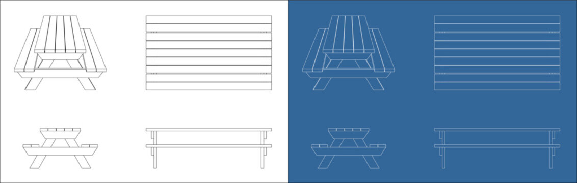 Orthographic Picnic Table Technical Plan with Top Front and Side Views